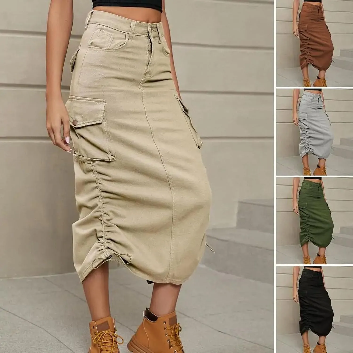 Ruched Drawstring Parachute Cargo Maxi Skirt Long Skirts Women High Street Streetwear