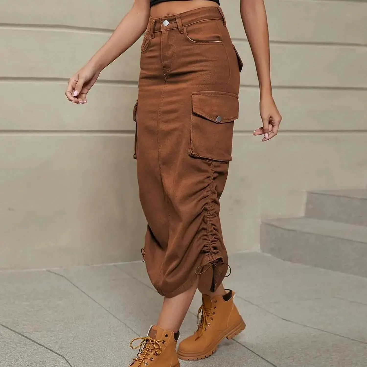 Ruched Drawstring Parachute Cargo Maxi Skirt Long Skirts Women High Street Streetwear