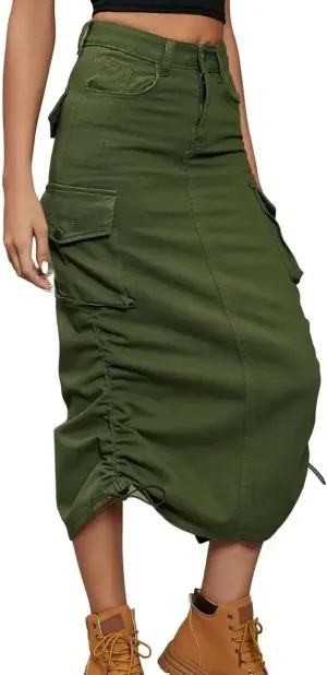 Ruched Drawstring Parachute Cargo Maxi Skirt Long Skirts Women High Street Streetwear