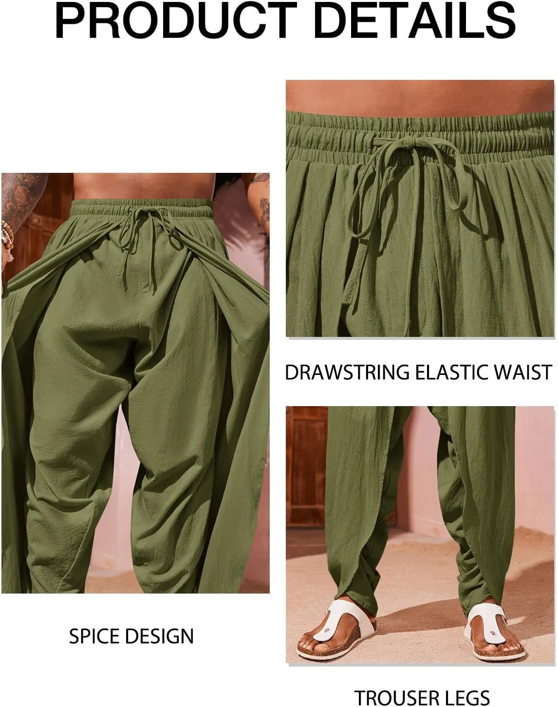 Runcati Mens Linen Harem Pants Casual Elastic Waist Pants Baggy Boho Yoga Hippie Summer Beach Kurta Dhoti Trousers
