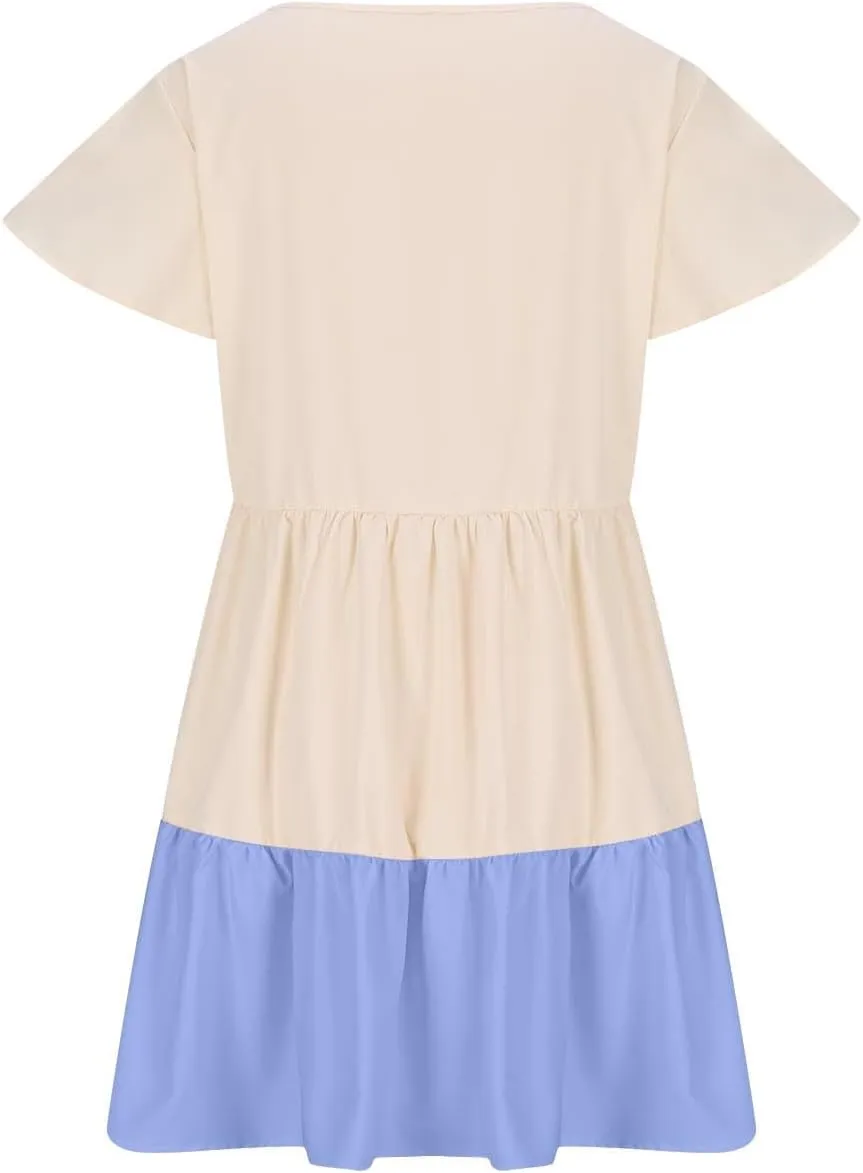 Ruziyoog Women Summer Dresses Boho Floral Printed Babydoll Ruffles Sleeve Swing Dress Loose Short Mini T-Shirt Dress