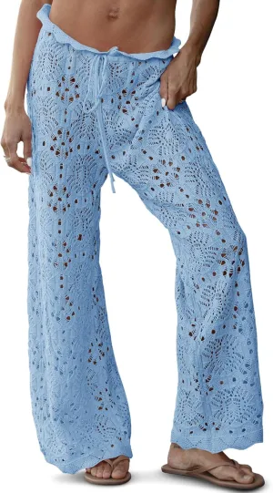 Saodimallsu Womens Crochet Swimsuit Coverup Pants High Waisted Drawstring Sexy Sheer Mesh Knit Wide Leg Beach Pants