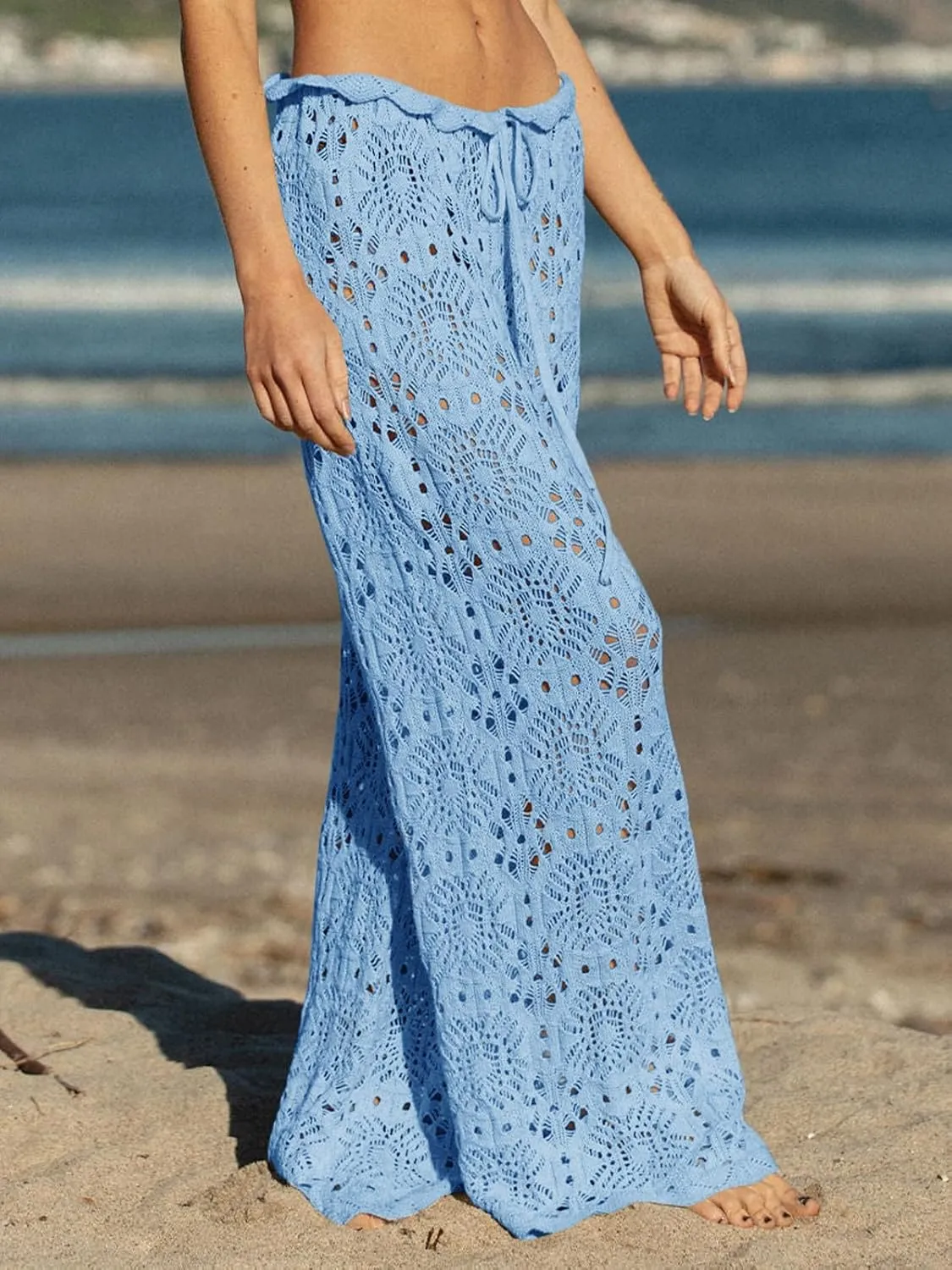 Saodimallsu Womens Crochet Swimsuit Coverup Pants High Waisted Drawstring Sexy Sheer Mesh Knit Wide Leg Beach Pants