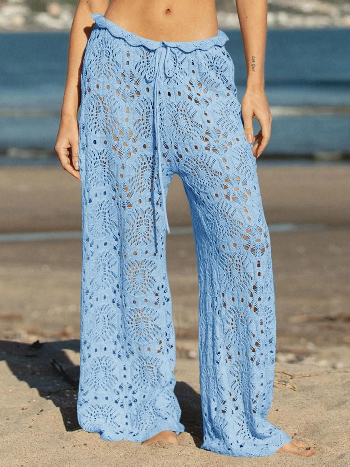 Saodimallsu Womens Crochet Swimsuit Coverup Pants High Waisted Drawstring Sexy Sheer Mesh Knit Wide Leg Beach Pants