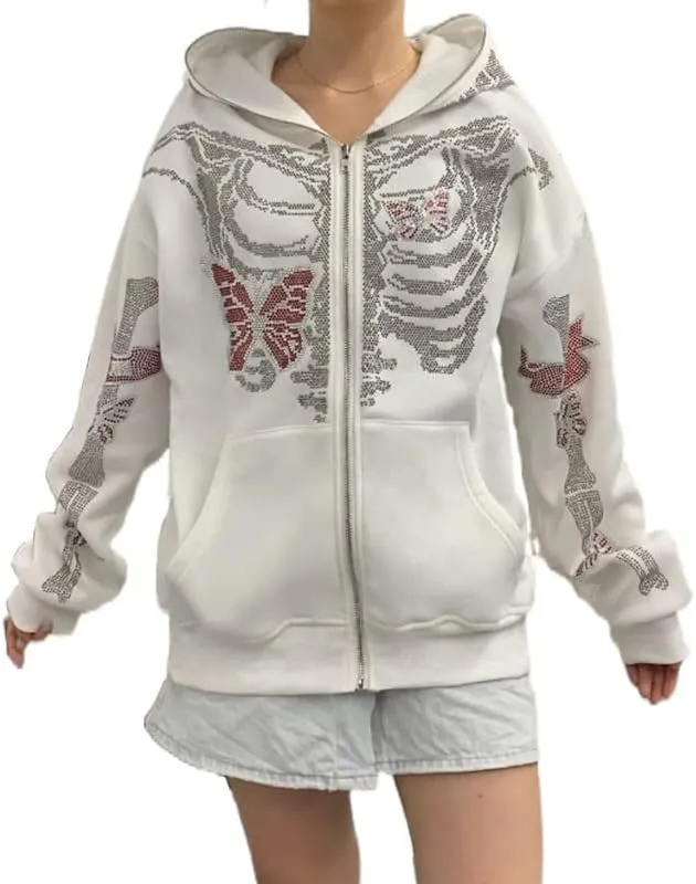 Sastianaen Women Rhinestone Hoodie Oversized Zip up Sweatshirts Long Sleeve Drawstring Coat Gothic Harajuk Pullover