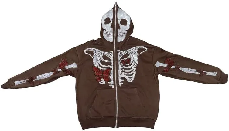 Sastianaen Women Rhinestone Hoodie Oversized Zip up Sweatshirts Long Sleeve Drawstring Coat Gothic Harajuk Pullover
