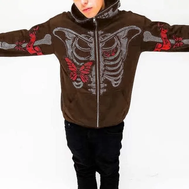 Sastianaen Women Rhinestone Hoodie Oversized Zip up Sweatshirts Long Sleeve Drawstring Coat Gothic Harajuk Pullover