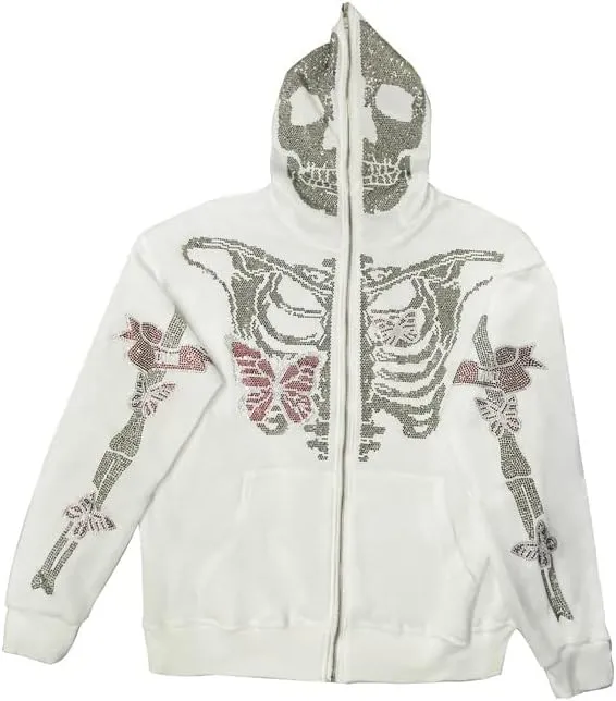 Sastianaen Women Rhinestone Hoodie Oversized Zip up Sweatshirts Long Sleeve Drawstring Coat Gothic Harajuk Pullover