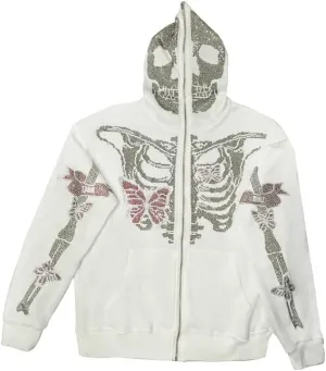 Sastianaen Women Rhinestone Hoodie Oversized Zip up Sweatshirts Long Sleeve Drawstring Coat Gothic Harajuk Pullover