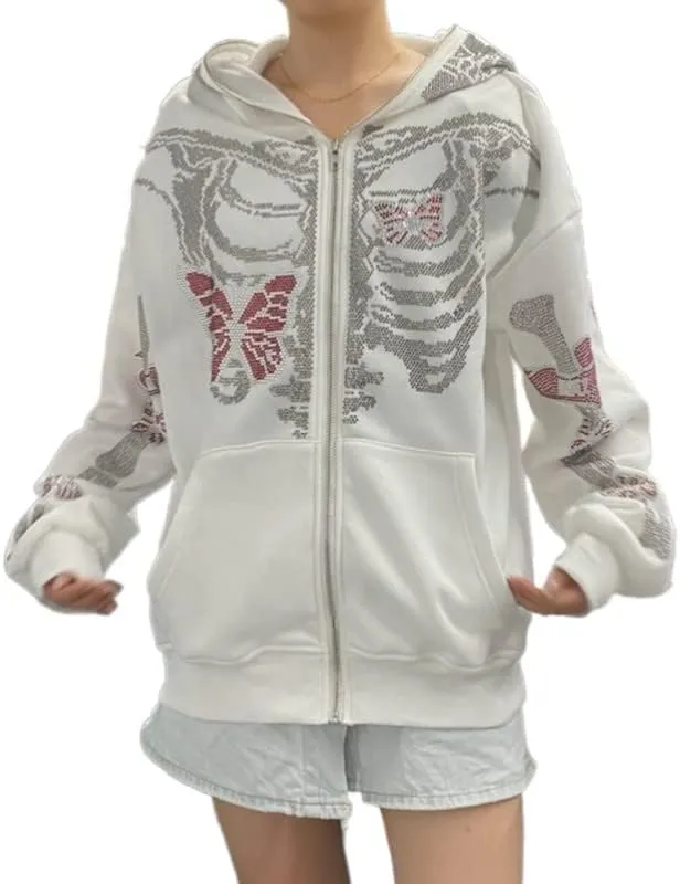 Sastianaen Women Rhinestone Hoodie Oversized Zip up Sweatshirts Long Sleeve Drawstring Coat Gothic Harajuk Pullover