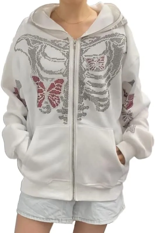 Sastianaen Women Rhinestone Hoodie Oversized Zip up Sweatshirts Long Sleeve Drawstring Coat Gothic Harajuk Pullover