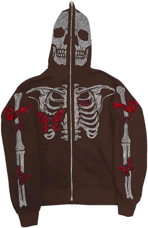Sastianaen Women Rhinestone Hoodie Oversized Zip up Sweatshirts Long Sleeve Drawstring Coat Gothic Harajuk Pullover
