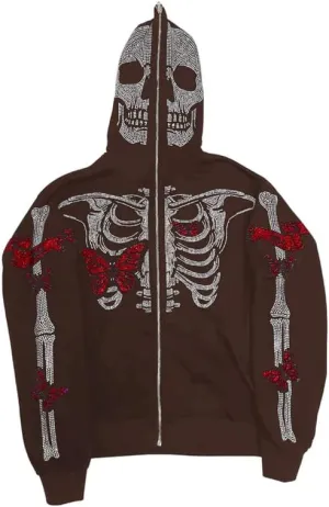 Sastianaen Women Rhinestone Hoodie Oversized Zip up Sweatshirts Long Sleeve Drawstring Coat Gothic Harajuk Pullover