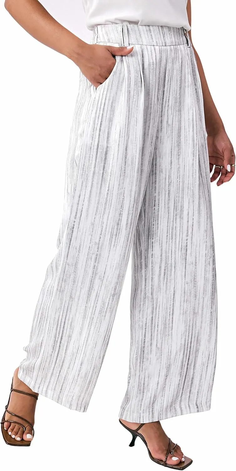 Satin Wide Leg Pants for Women, Casual Palazzo Pants for Women, High Waisted Adjustable Loose Trousers