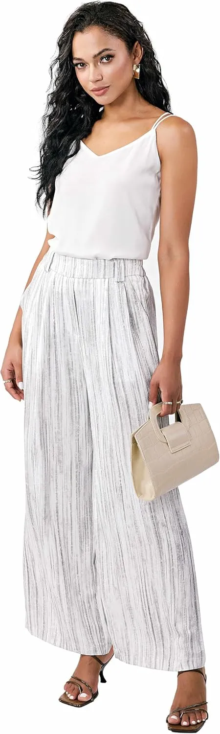 Satin Wide Leg Pants for Women, Casual Palazzo Pants for Women, High Waisted Adjustable Loose Trousers