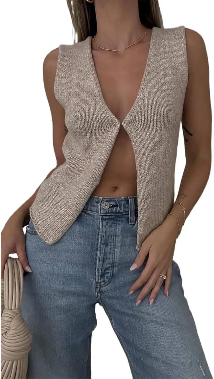 Sawden Women Sleeveless Cotton Knitted Vest Button Down Casual Y2k Streetwear