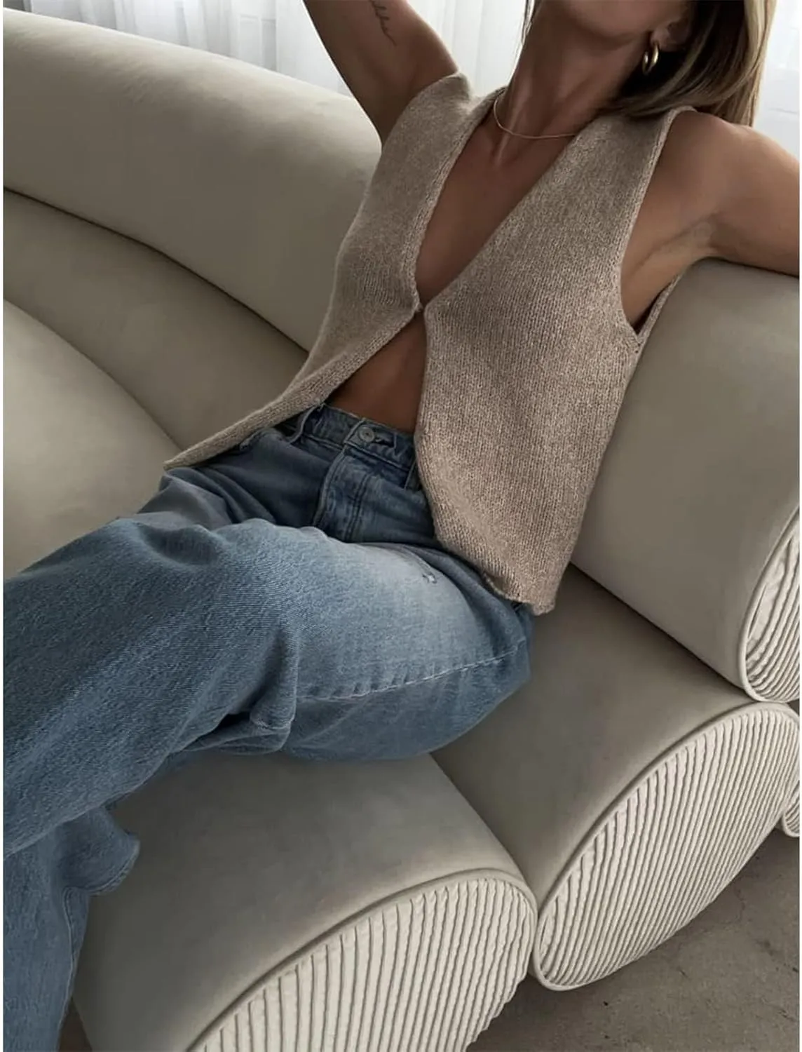 Sawden Women Sleeveless Cotton Knitted Vest Button Down Casual Y2k Streetwear