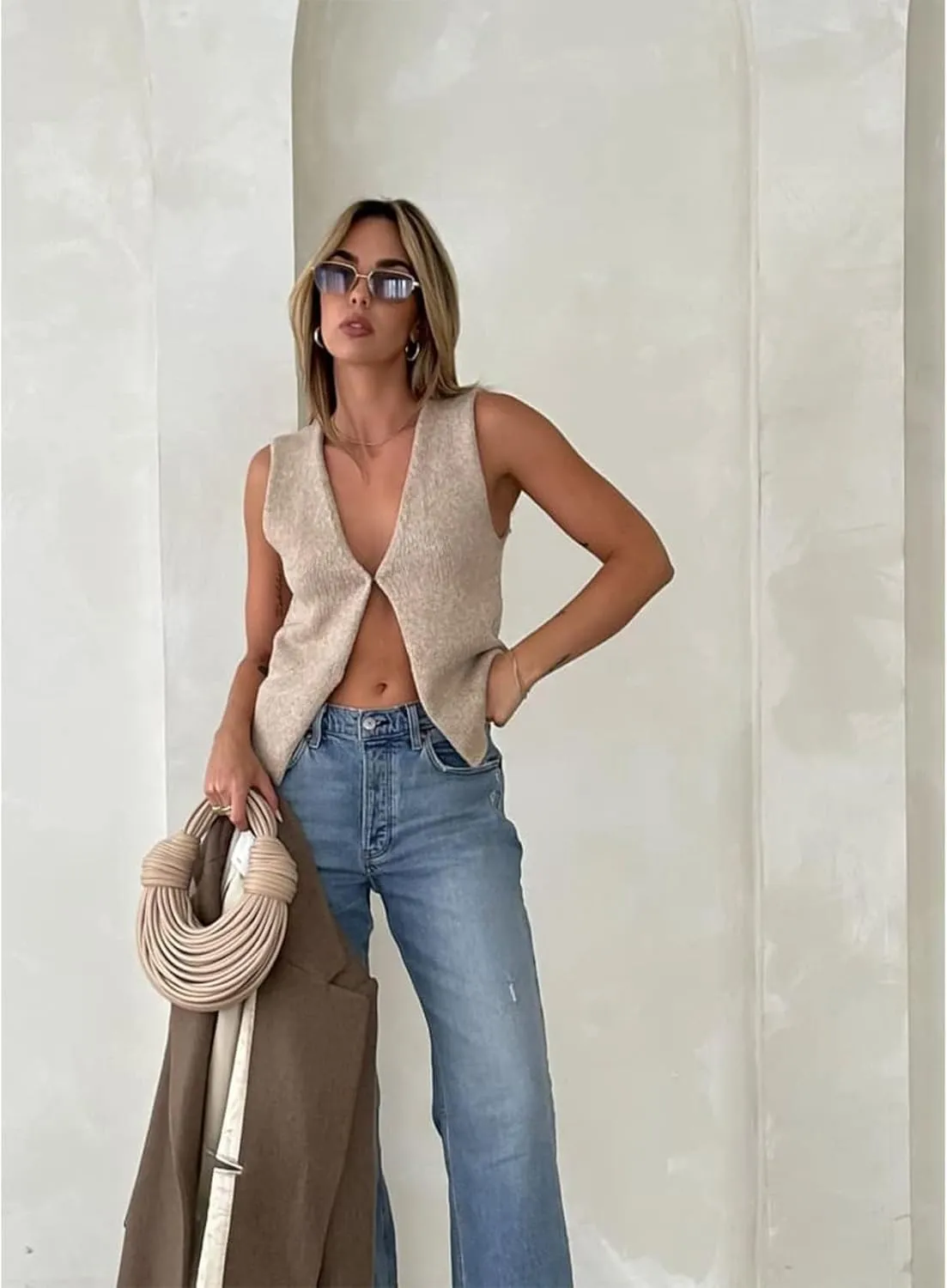 Sawden Women Sleeveless Cotton Knitted Vest Button Down Casual Y2k Streetwear
