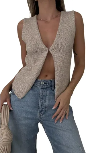 Sawden Women Sleeveless Cotton Knitted Vest Button Down Casual Y2k Streetwear