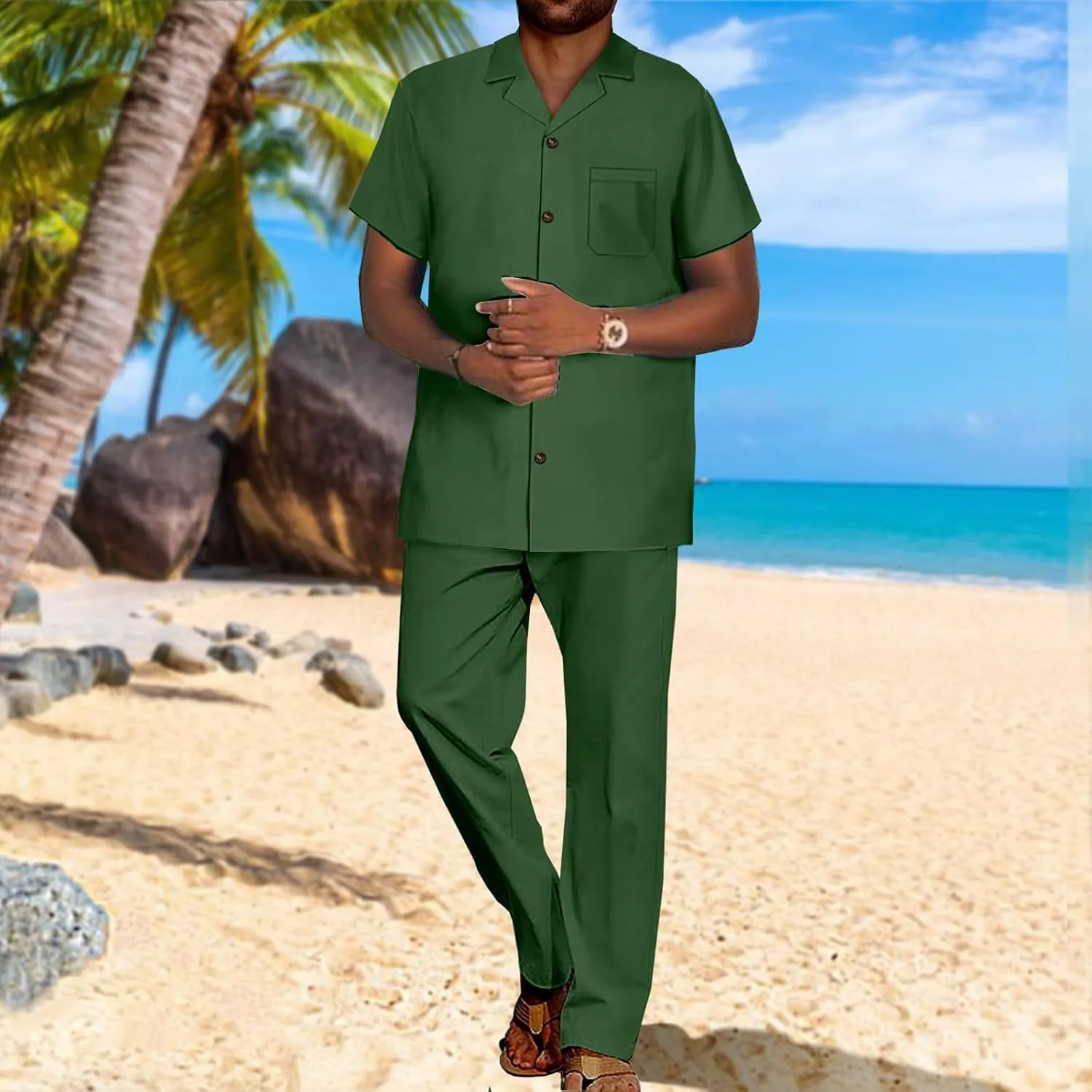 SEA&ALP African Solid Walking Suits for Men 2 Piece Shirt Pants Set Beach Loose Linen Dashiki Outfits Casual Tracksuit