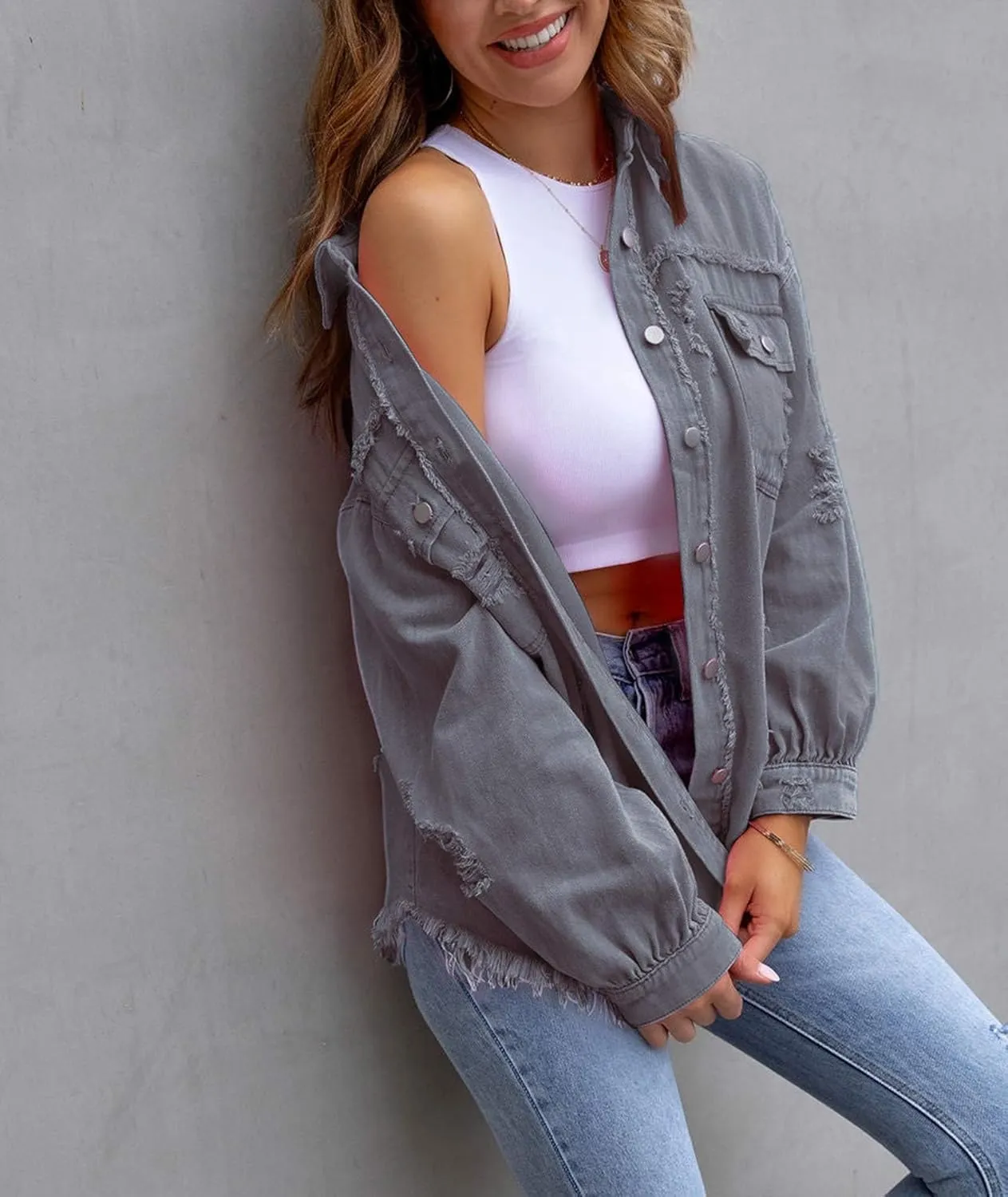 SEMATOMALA Women's Frayed Hem Ripped Denim Shirt Jacket Button Front Boyfriend Jean Coat Oversized Distressed Fall Shacket
