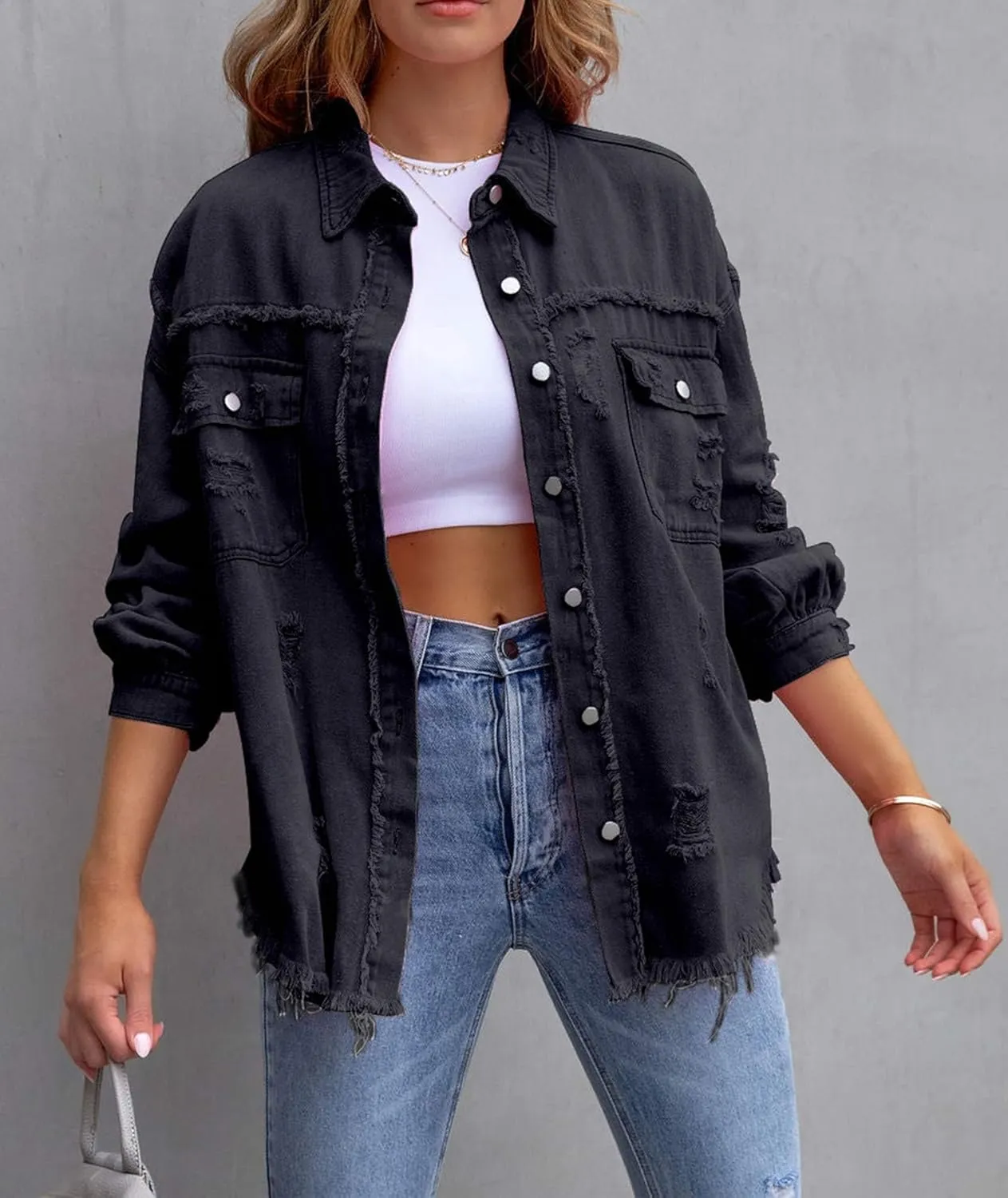 SEMATOMALA Women's Frayed Hem Ripped Denim Shirt Jacket Button Front Boyfriend Jean Coat Oversized Distressed Fall Shacket