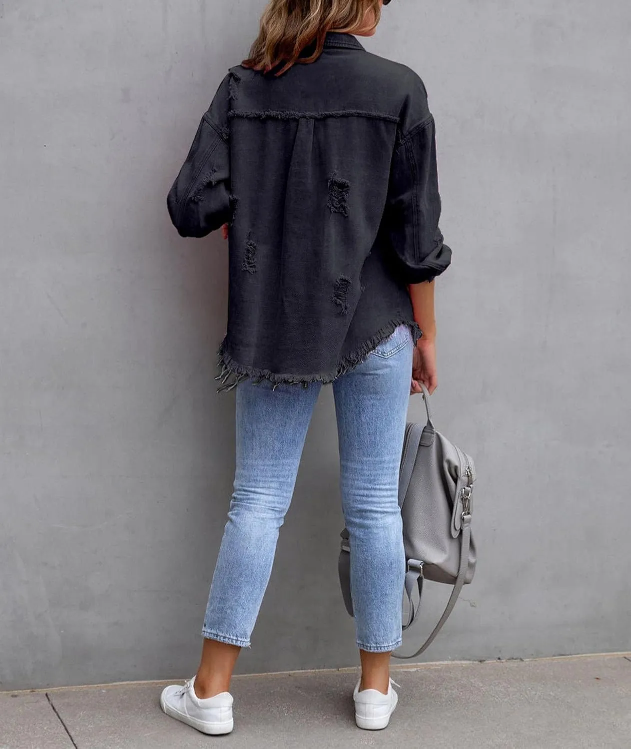 SEMATOMALA Women's Frayed Hem Ripped Denim Shirt Jacket Button Front Boyfriend Jean Coat Oversized Distressed Fall Shacket
