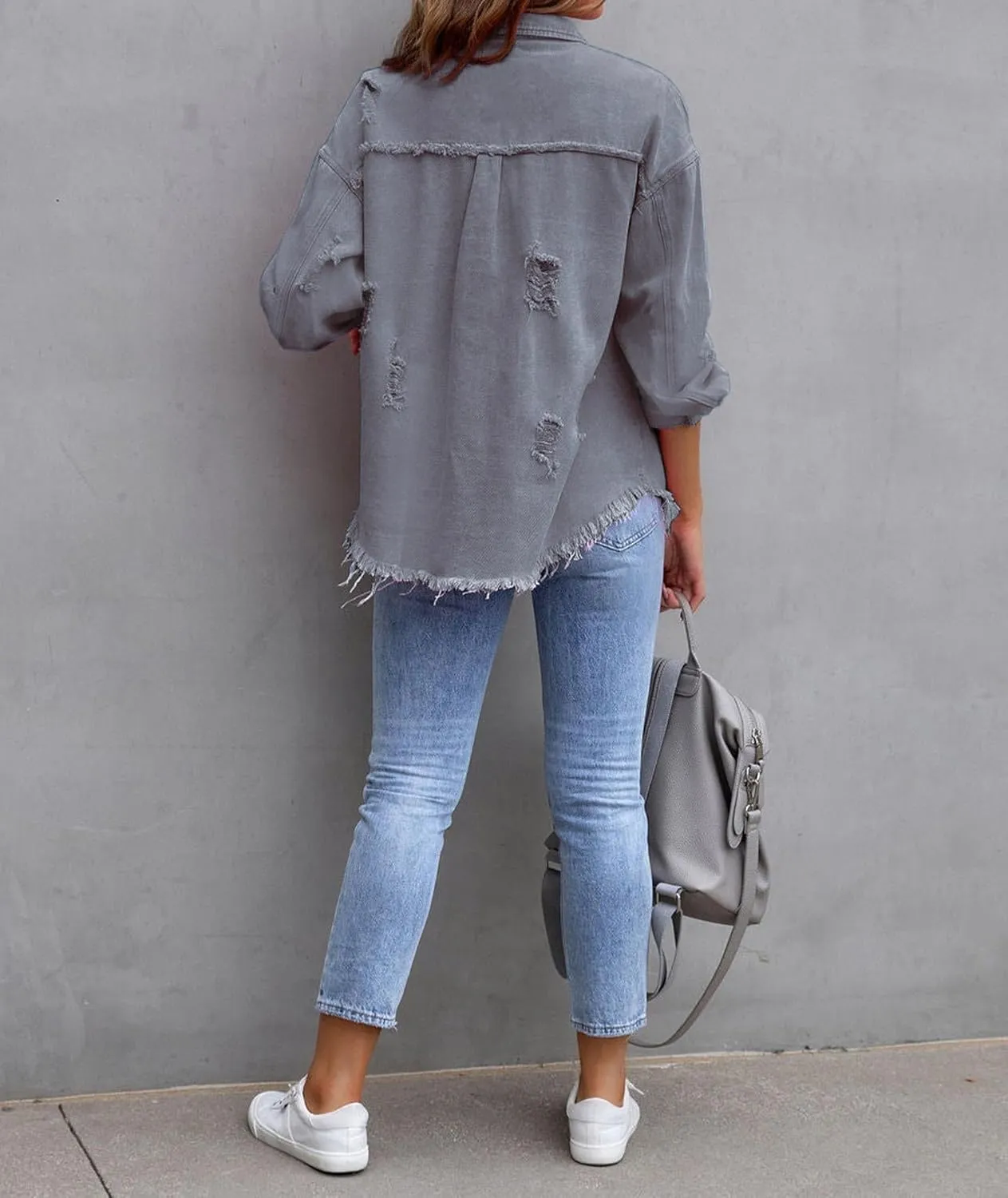 SEMATOMALA Women's Frayed Hem Ripped Denim Shirt Jacket Button Front Boyfriend Jean Coat Oversized Distressed Fall Shacket