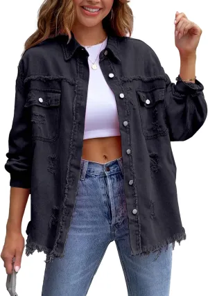 SEMATOMALA Women's Frayed Hem Ripped Denim Shirt Jacket Button Front Boyfriend Jean Coat Oversized Distressed Fall Shacket