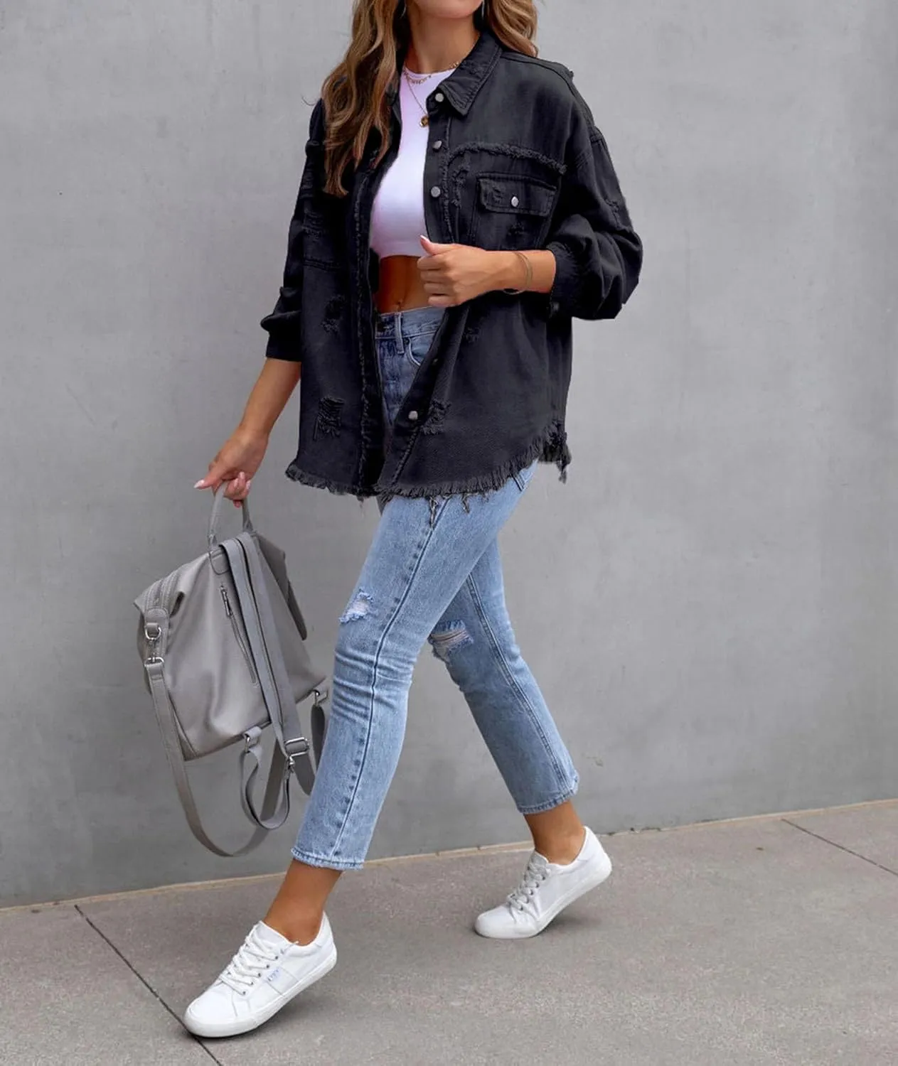SEMATOMALA Women's Frayed Hem Ripped Denim Shirt Jacket Button Front Boyfriend Jean Coat Oversized Distressed Fall Shacket