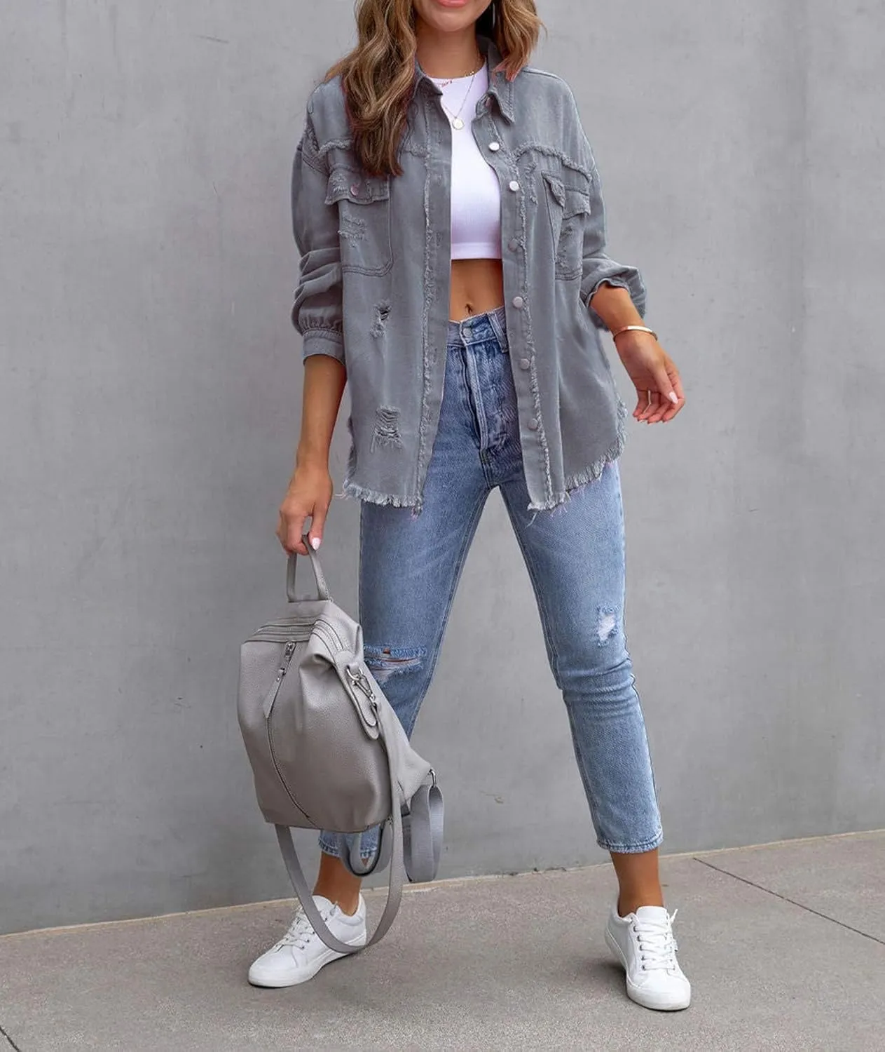 SEMATOMALA Women's Frayed Hem Ripped Denim Shirt Jacket Button Front Boyfriend Jean Coat Oversized Distressed Fall Shacket