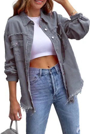 SEMATOMALA Women's Frayed Hem Ripped Denim Shirt Jacket Button Front Boyfriend Jean Coat Oversized Distressed Fall Shacket