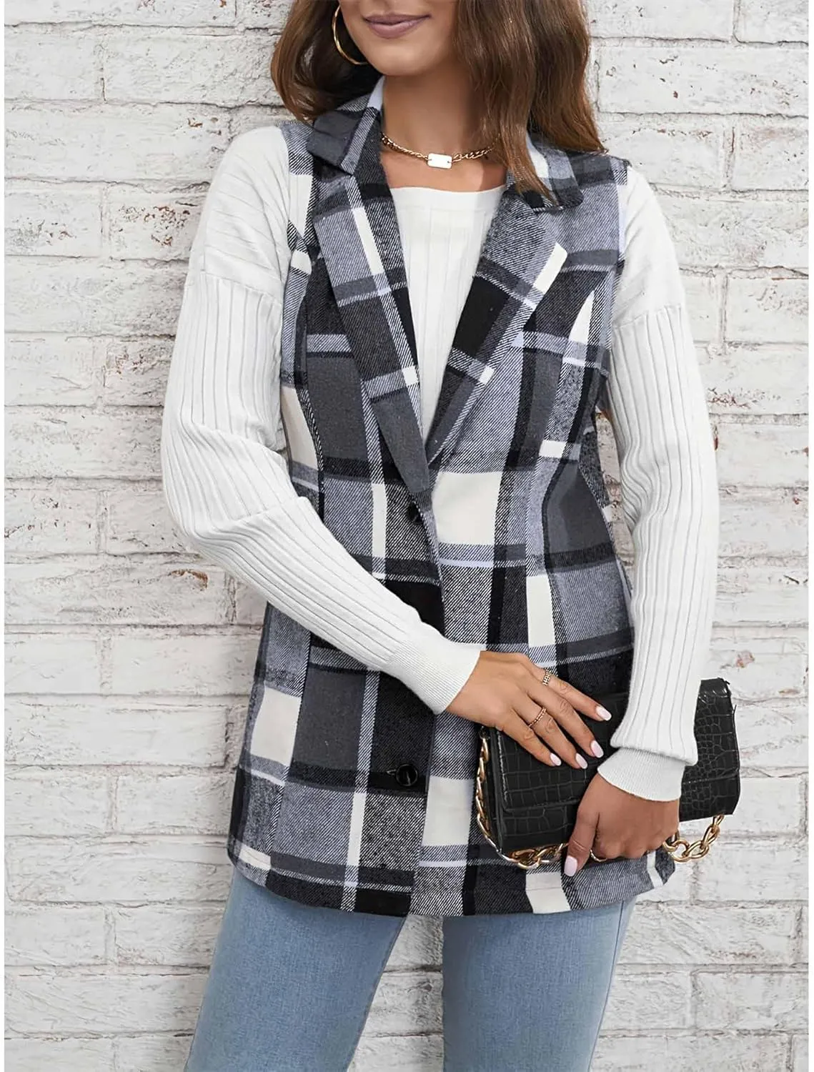 SEMATOMALA Women's Plaid Vest Christmas Cardigan Winter Fall Flannel Vest Sleeveless Blazer Jacket Long Shacket Vest