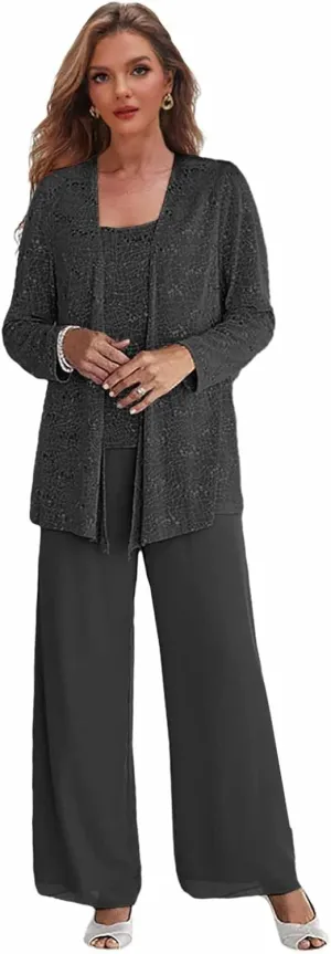 Sequin Mother of The Bride Pant Suits with Jacket 3 Pieces Formal Dress for Wedding Chiffon Outfit Sets