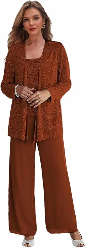 Sequin Mother of The Bride Pant Suits with Jacket 3 Pieces Formal Dress for Wedding Chiffon Outfit Sets