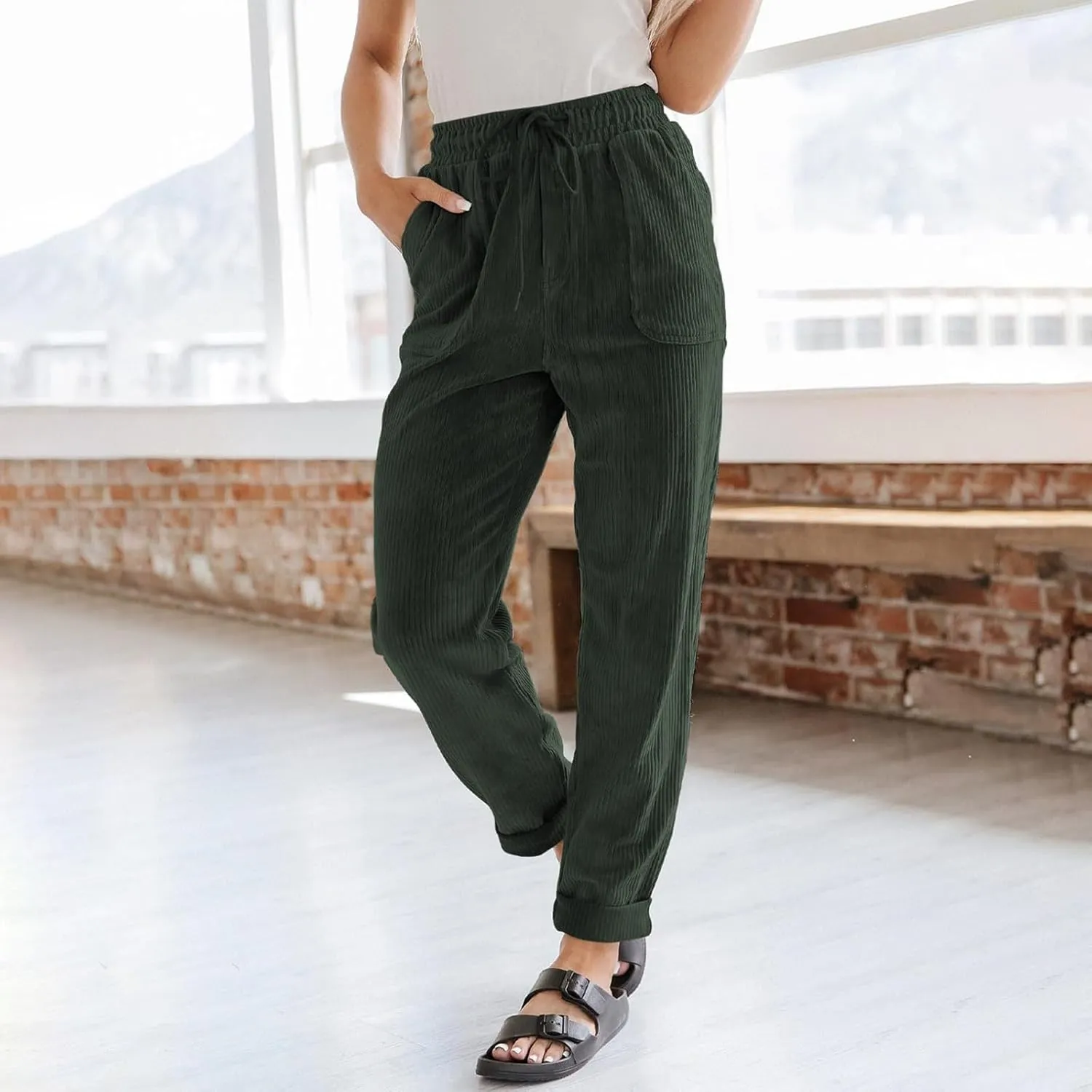 SERYU Corduroy Pants for Women Casual Drawstring Elastic High Waist Straight Leg Pants Loose Comfy Trousers with Pockets