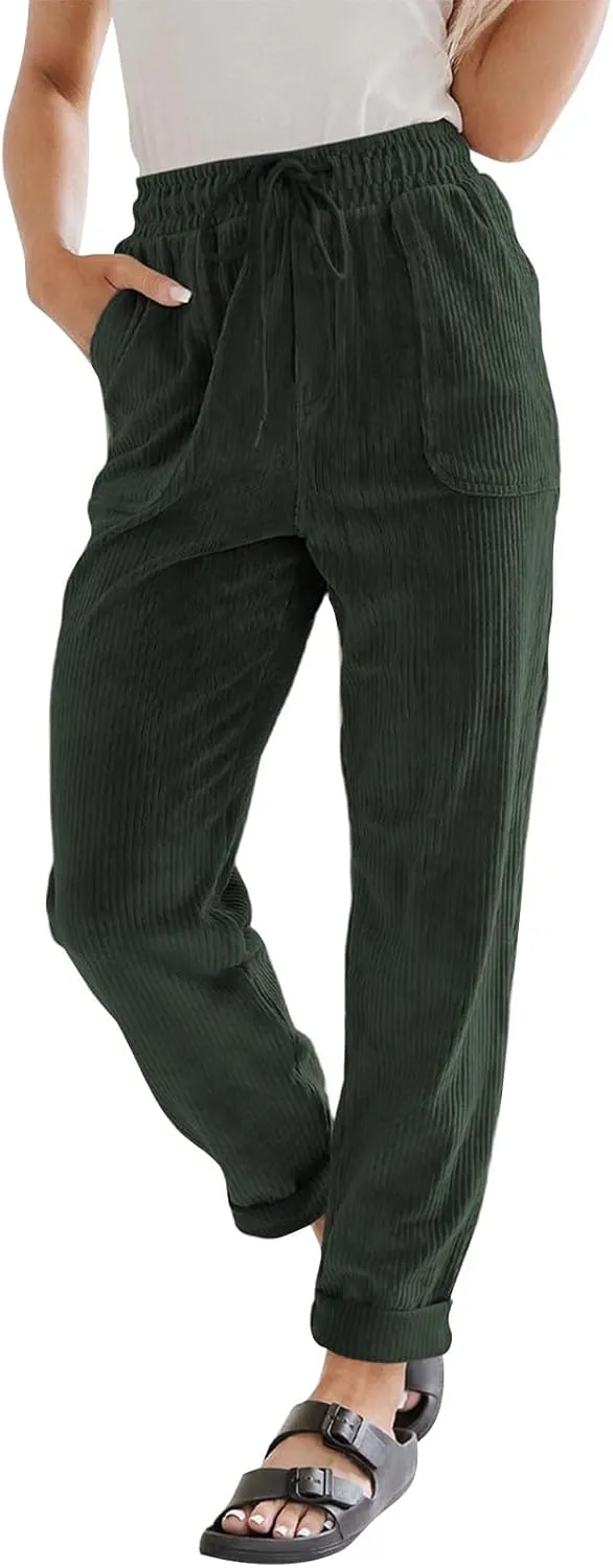 SERYU Corduroy Pants for Women Casual Drawstring Elastic High Waist Straight Leg Pants Loose Comfy Trousers with Pockets