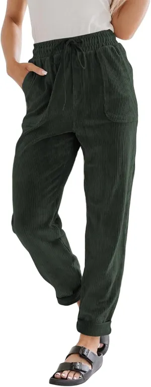 SERYU Corduroy Pants for Women Casual Drawstring Elastic High Waist Straight Leg Pants Loose Comfy Trousers with Pockets