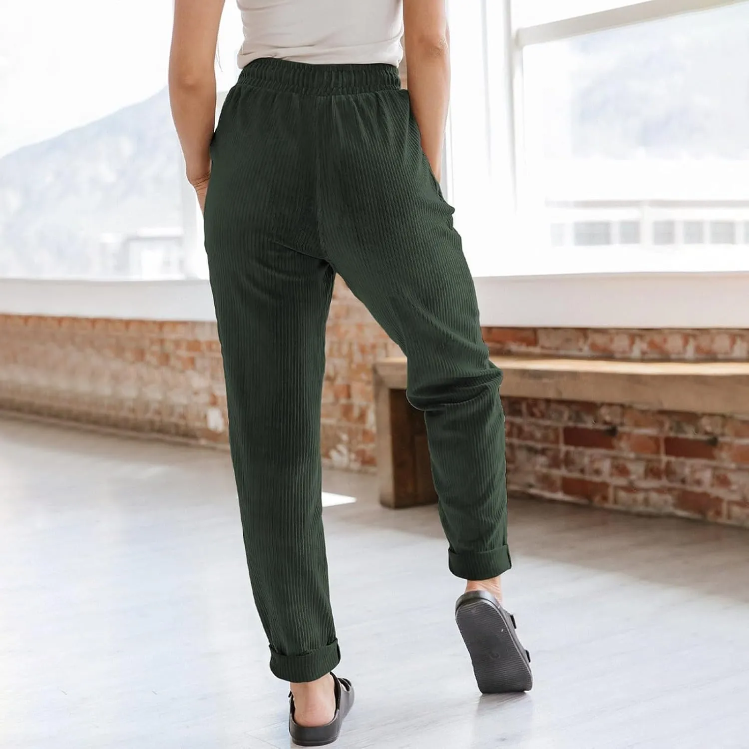 SERYU Corduroy Pants for Women Casual Drawstring Elastic High Waist Straight Leg Pants Loose Comfy Trousers with Pockets