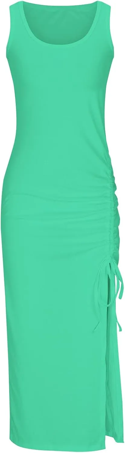 Sexy Sundresses for Women 2024 Summer Solid Maxi Dress Trendy Split Tank Dresses Slim Fit Drawstring Beach Clothes