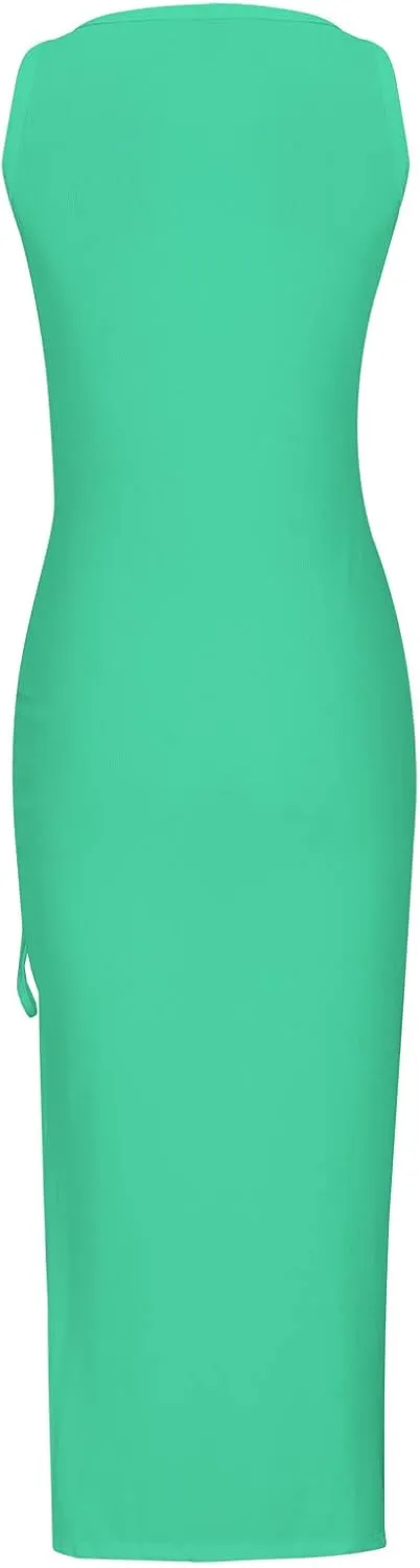 Sexy Sundresses for Women 2024 Summer Solid Maxi Dress Trendy Split Tank Dresses Slim Fit Drawstring Beach Clothes