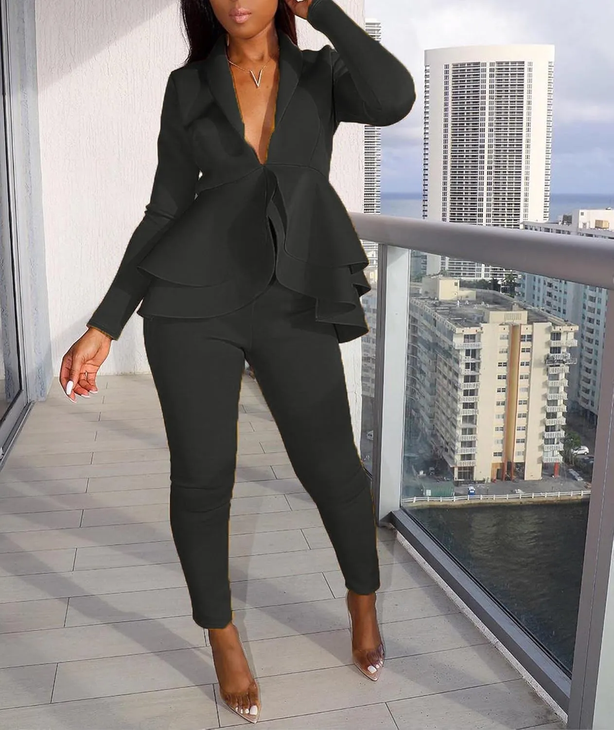 Sexyshine Women's 2 Piece Pants and Blazer Sets Long Sleeve Ruffle Hem Peplum Blazer and Bodycon Long Pants Outfits