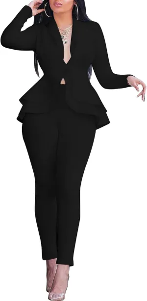 Sexyshine Women's 2 Piece Pants and Blazer Sets Long Sleeve Ruffle Hem Peplum Blazer and Bodycon Long Pants Outfits