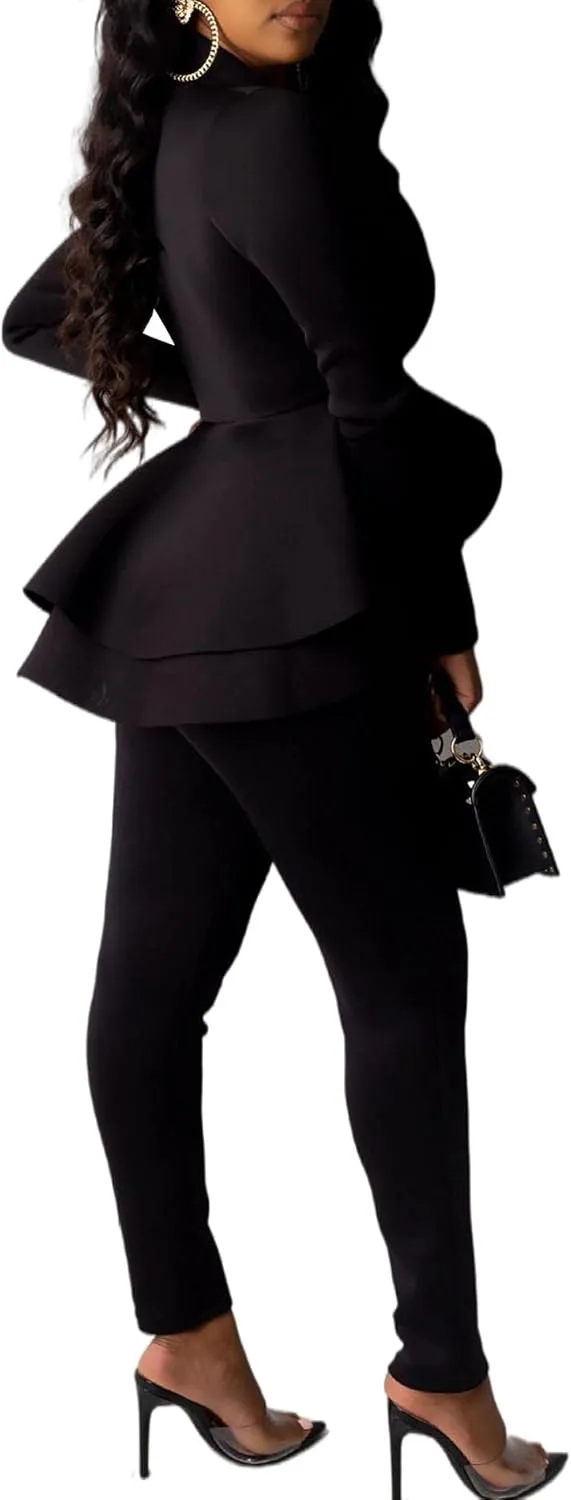 Sexyshine Women's 2 Piece Pants and Blazer Sets Long Sleeve Ruffle Hem Peplum Blazer and Bodycon Long Pants Outfits