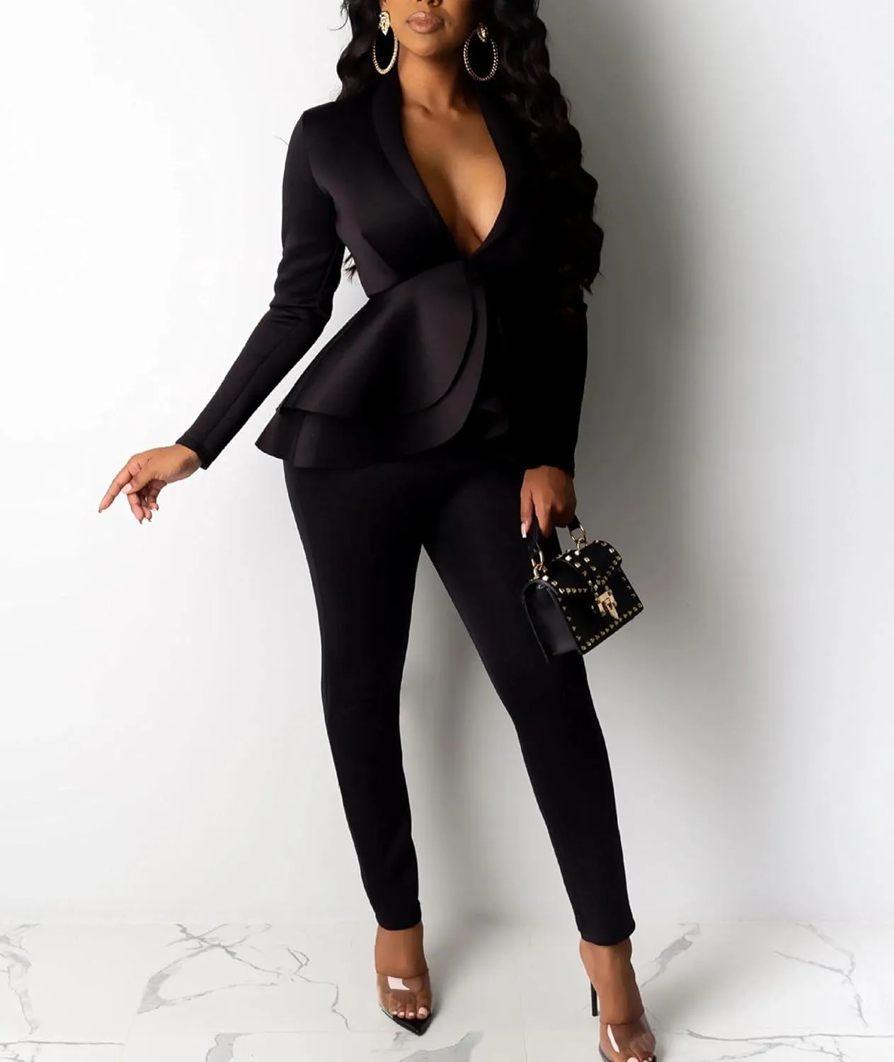 Sexyshine Women's 2 Piece Pants and Blazer Sets Long Sleeve Ruffle Hem Peplum Blazer and Bodycon Long Pants Outfits