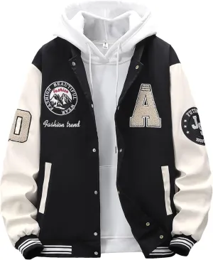 SHENHE Men's Letter Print Varsity Jacket Color Block Streetwear Bomer Baseball Jacket