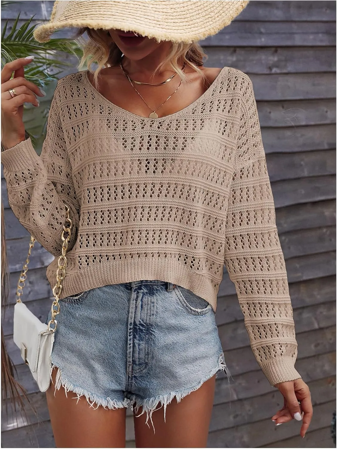SHENHE Women's Crochet Hollow Out Drop Shoulder Scoop Neck Long Sleeve Sweater Top