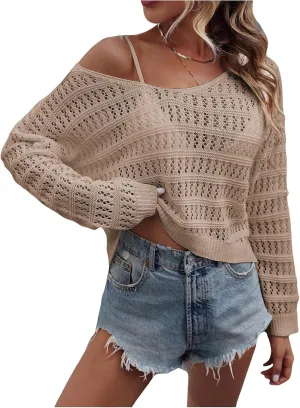 SHENHE Women's Crochet Hollow Out Drop Shoulder Scoop Neck Long Sleeve Sweater Top