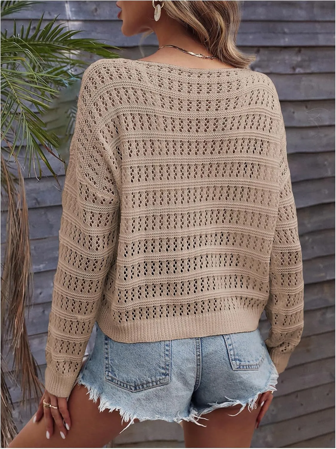 SHENHE Women's Crochet Hollow Out Drop Shoulder Scoop Neck Long Sleeve Sweater Top