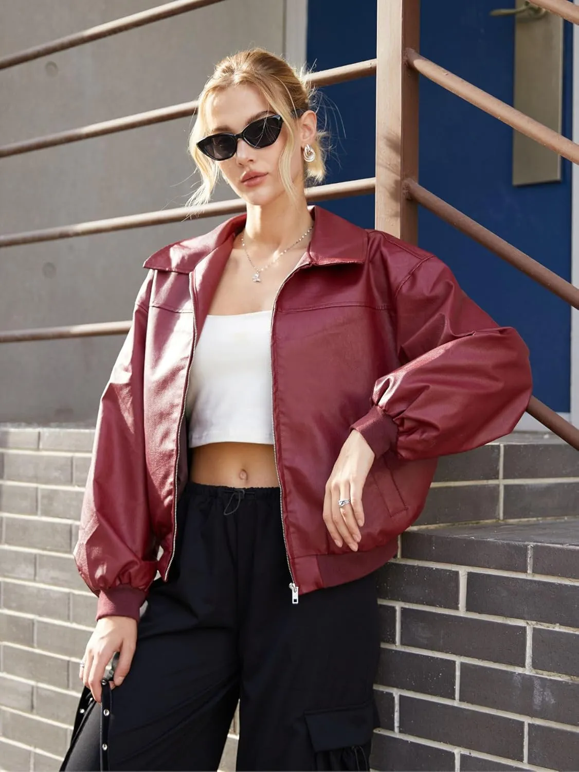 SHENHE Women's Leather Jacket Collared Neck Lantern Sleeve Zip Up Streetwear Motorcycle Bomber Jacket Coat